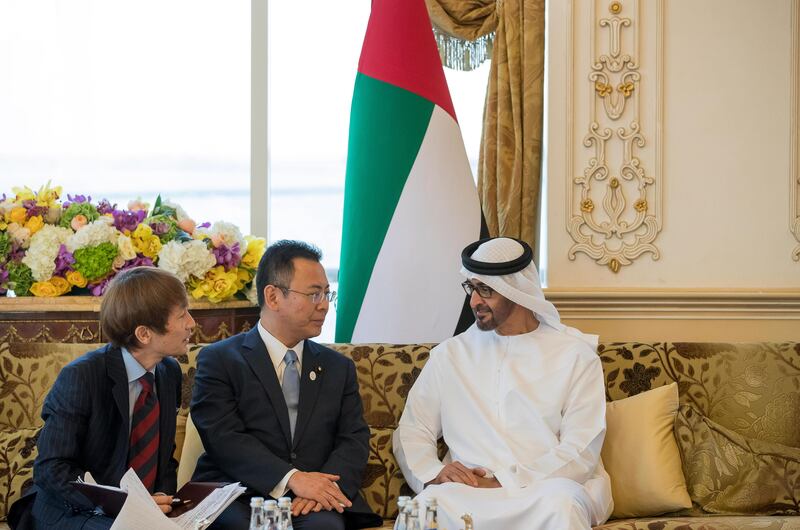 Sheikh Mohammed bin Zayed, Crown Prince of Abu Dhabi and Deputy Supreme Commander of the Armed Forces,  receives Yosuke Takagi, Minister of State for Economy, Trade and Industry of Japan (2nd R), during a Sea Palace barza. Mohamed Al Hammadi / Crown Prince Court - Abu Dhabi