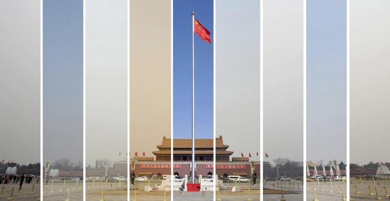 A combination photo shows the air pollution levels in the sky over Tiananmen Square over a period of nine days. Almost all Chinese cities monitored for pollution last year failed to meet state standards. Wei Yao /  Reuters