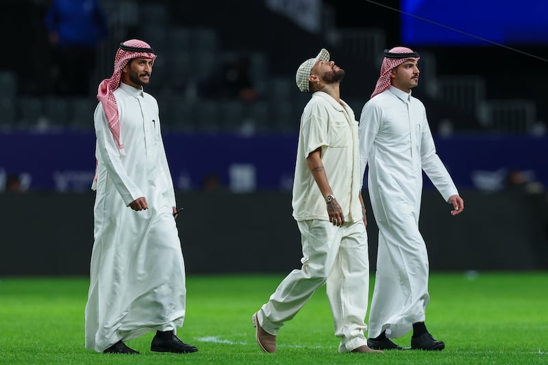 Neymar, centre, after the Saudi Pro League match between Al Hilal and Al Raed at the Kingdom Arena on Sunday. Getty Images