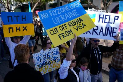 Protesters in Santa Monica, California rally against the Russian invasion of Ukraine. AP