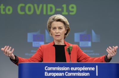 Ursula von der Leyen, European Commission president, gestures as she speaks during a news conference in Brussels, Belgium, on Wednesday, March 17, 2021. The European Union will propose a certificate that could ease travel for those who have taken EU-approved vaccines as well as others, like the Chinese and Russian shots, that have only received emergency national authorizations. Photographer: Thierry Monasse/Bloomberg