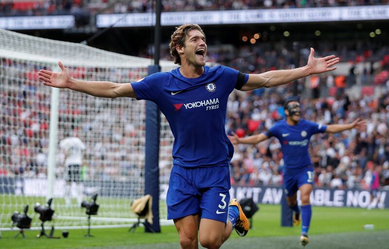 Football Soccer - Premier League - Tottenham Hotspur vs Chelsea - London, Britain - August 20, 2017   Chelsea's Marcos Alonso celebrates scoring their second goal    Action Images via Reuters/Andrew Couldridge    EDITORIAL USE ONLY. No use with unauthorized audio, video, data, fixture lists, club/league logos or "live" services. Online in-match use limited to 45 images, no video emulation. No use in betting, games or single club/league/player publications. Please contact your account representative for further details.