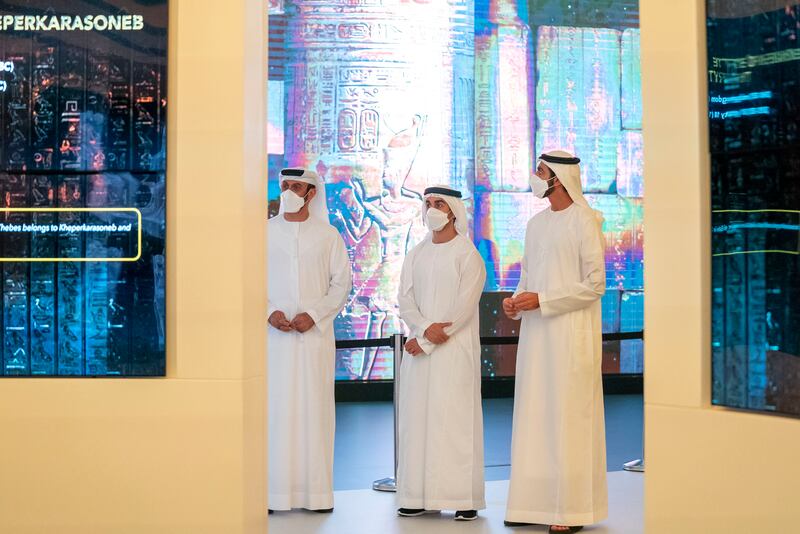 Sheikh Shakbout bin Nahyan, Minister of State, right, and Sheikh Hamdan bin Mohamed visit Expo 2020.