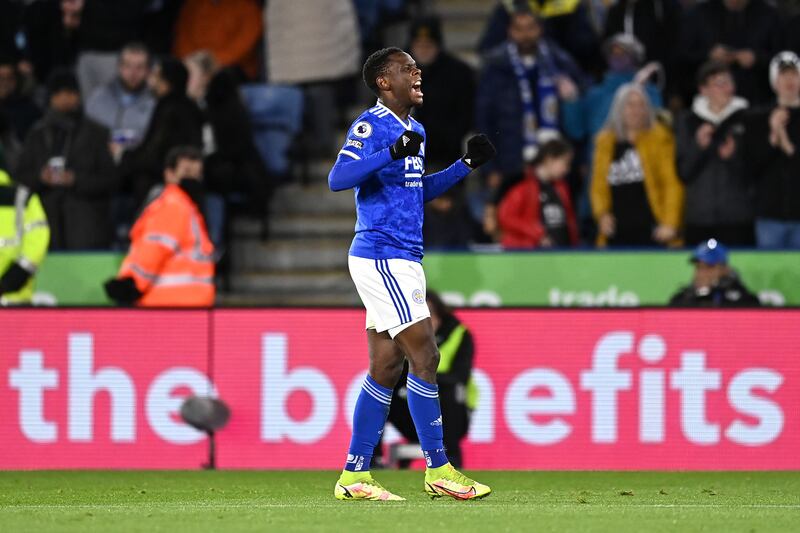 Patson Daka after scoring Leicester's first goal against Tottenham. Getty Images