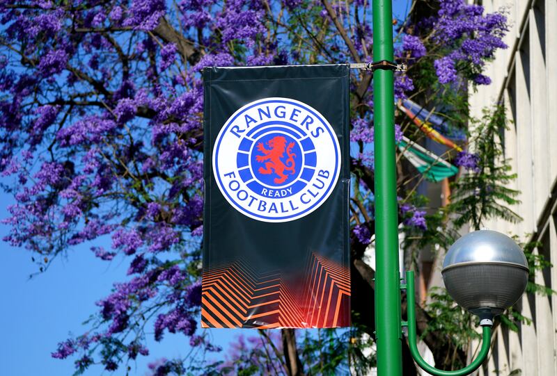 A Rangers banner on display in Seville, PA