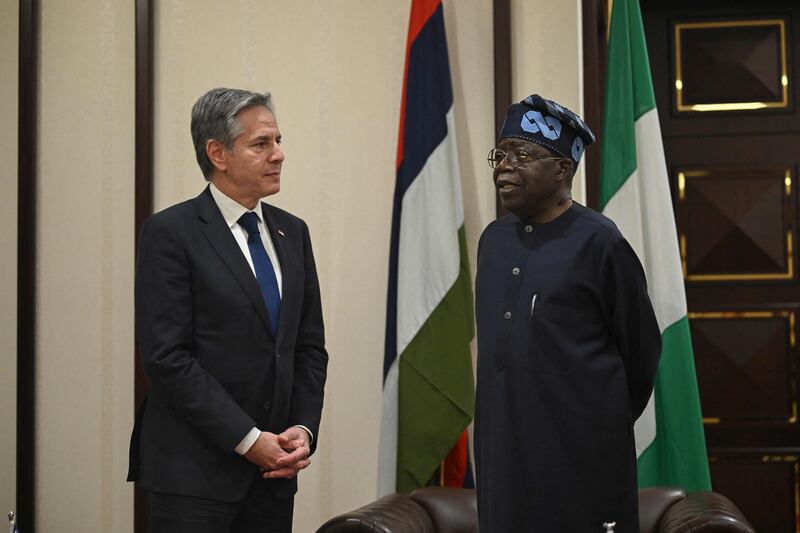 Nigerian President Bola Ahmed Tinubu speaks with US Secretary of State Antony Blinken following a meeting in Abuja. AFP