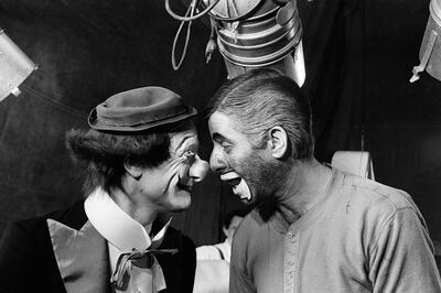 US comedian, director and singer Jerry Lewis (R) jokes with Pierre Etaix, on March 22, 1972, during the shooting of The Day the Clown Cried. Photo: AFP