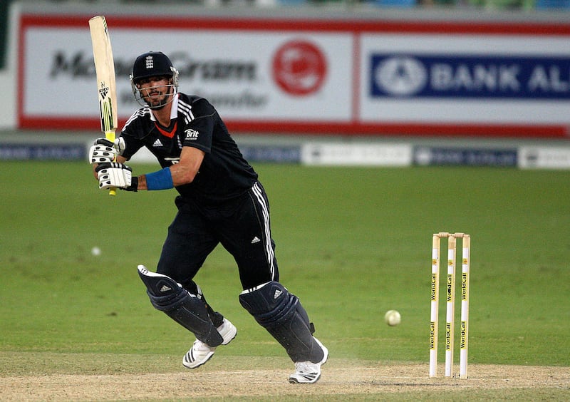 DUBAI, UNITED ARAB EMIRATES, Feb 20: Kevin Pietersen playing a shot in the second T20 cricket match between Pakistan vs England at Dubai International Cricket Stadium in Dubai Sports City in Dubai. (Pawan Singh / The National) For Sports. Story by Paul *** Local Caption ***  PS2002- CRICKET14.jpg