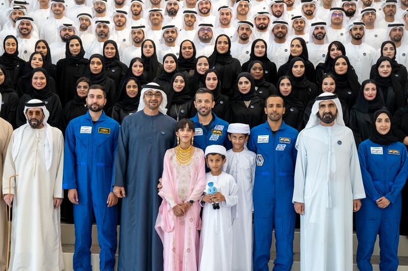 Sheikh Mohamed and Sheikh Mohammed bin Rashid, Vice President and Ruler of Dubai, stand for a group photo with Dr Al Neyadi. Sheikh Tahnoun bin Mohamed, Ruler's Representative in Al Ain Region, Hazza Al Mansouri, the first Emirati in space, and astronauts Mohamed Al Mulla and Noura Al Matrooshi were also present. Photo: UAE Presidential Court