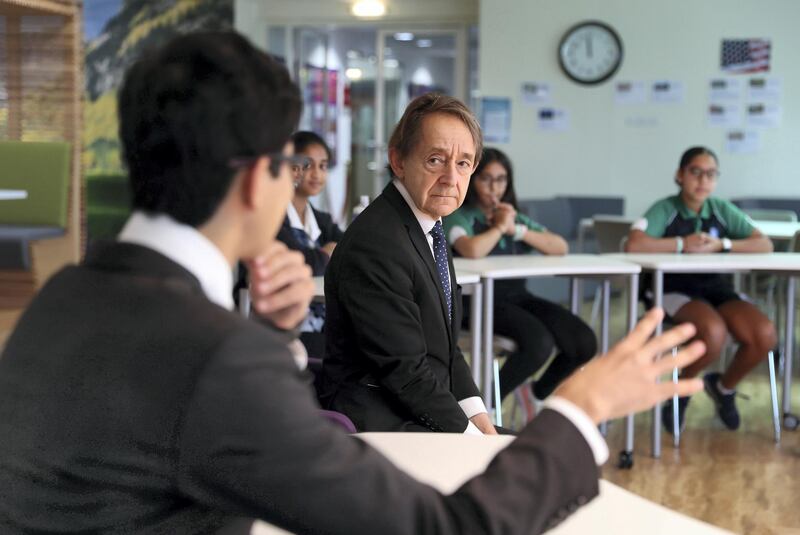 DUBAI, UNITED ARAB EMIRATES , Nov 10  – 2019 :- Sir Anthony Seldon, one of Britain’s top private school head teacher, and the biographer of the UK’s last 5 prime ministers interacting with the students during his visit to the GEMS Wellington International School in Dubai. ( Pawan Singh / The National )  For News. Daniel