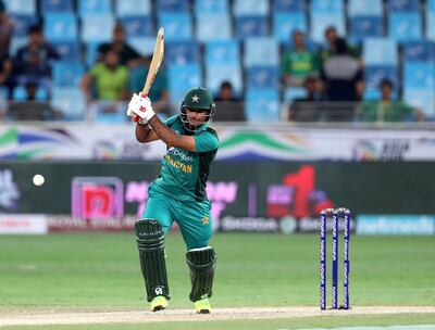 Dubai, United Arab Emirates - September 16, 2018: Fakhar Zaman of Pakistan bats in the game between Pakistan and Hong Kong in the Asia cup. Sunday, September 16th, 2018 at Sports City, Dubai. Chris Whiteoak / The National