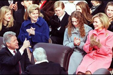 US President Bill Clinton gives a thumbs-up to First Lady Hillary Clinton after being sworn in 20 January 1997 on Capitol Hill in Washington, DC, for his second term in office. AFP