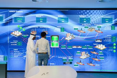 The Panorama Command Centre at Adnoc's headquarters in Abu Dhabi is being accessed remotely these days. Khushnum Bhandari / The National