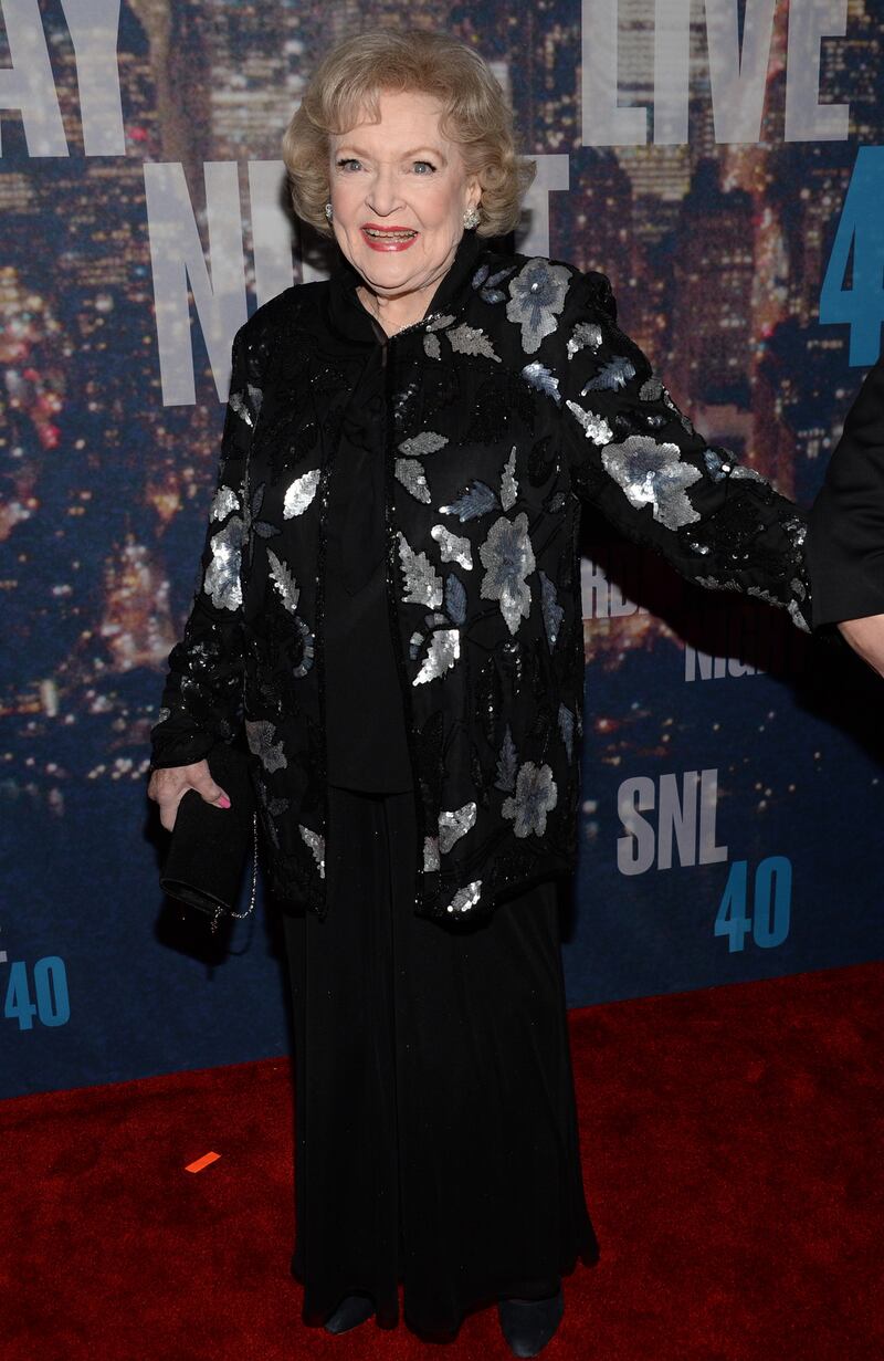 Betty White, in a black and silver sequinned top, arrives at the Saturday Night Live 40th Anniversary Special at Rockefeller Plaza in New York City on February 15, 2015. Photo: Shutterstock