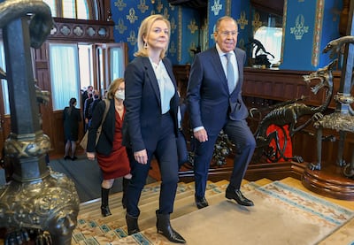 Liz Truss, then UK foreign secretary, with Russian Foreign Minister Sergey Lavrov in Moscow last February. Their meeting was said to have proved fruitless. AP