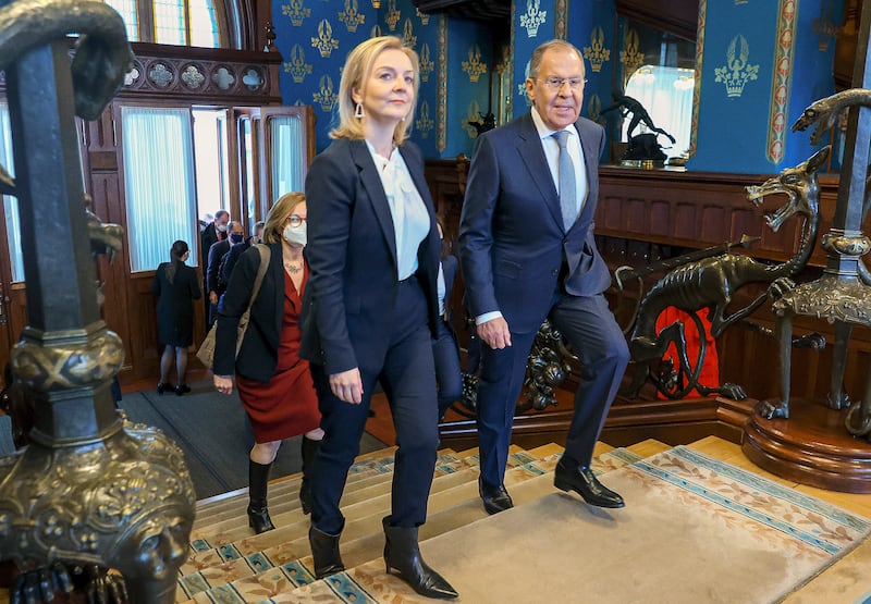 Russian Foreign Minister Sergey Lavrov and Ms Truss arrive for talks in Moscow in February 2022. AP