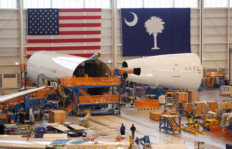 FILE PHOTO: Sections of a 787 Dreamliner being built for Air India are seen at Boeing's final assembly building in North Charleston, South Carolina, U.S. December 19, 2013.  REUTERS/Randall Hill/File Photo