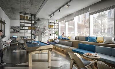 <p>A rendering of a common room in The Myriad Dubai. Courtesy FIM Partners</p>
