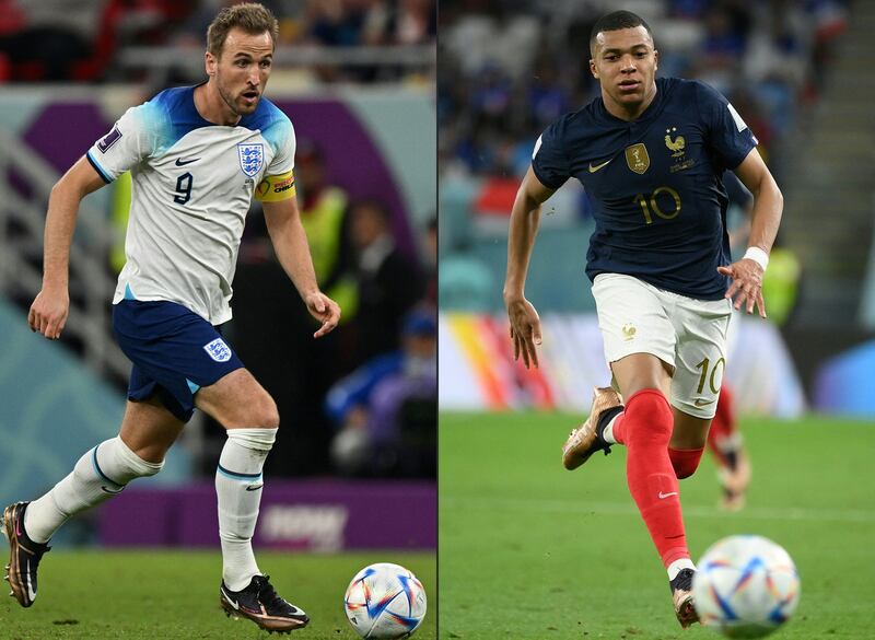 England forward Harry Kane, left, and France's talisman Kylian Mbappe go head to head in a World Cup quarter-final on Saturday. AFP