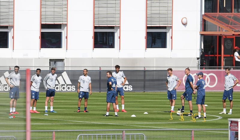Bayern Munich manager Hans-Dieter Flick and his players during training on April 24. Reuters