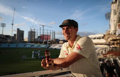 Australia captain Pat Cummins with the replica Ashes urn at the end of the fifth Test at The Oval on July 31, 2023. Getty 