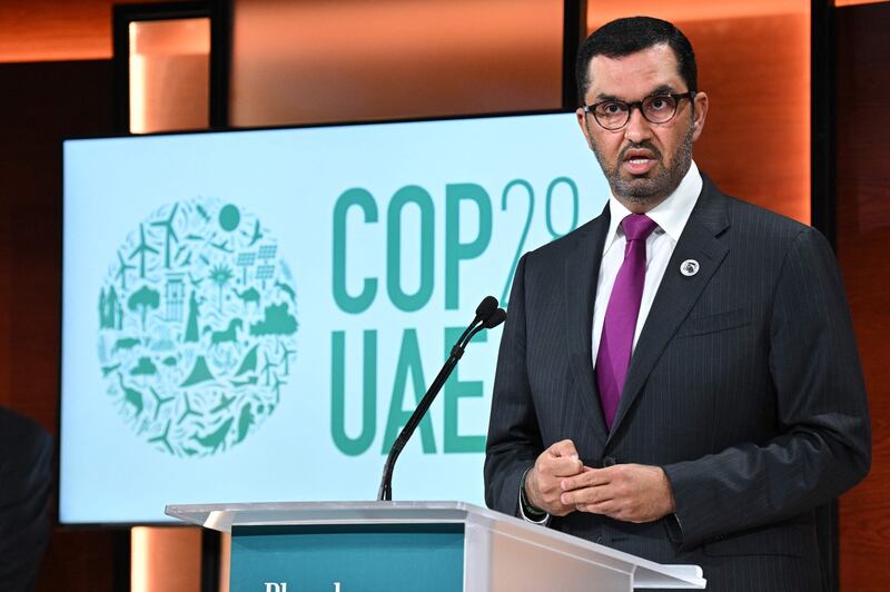 Dr Sultan Al Jaber, President-designate of Cop28, speaks during the Abu Dhabi International Petroleum Exhibition last month. AFP