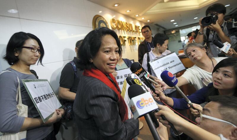 Members of Hong Kong Journalists Association, submit petitions to Bernardita L. Catalla (Centre), Consul General of Philippine Consulate General, asking for removing Hong Kong journalists from blacklist. 24NOV14 (Photo by Sam Tsang/South China Morning Post via Getty Images)