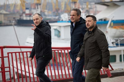 Ukraine's President Volodymyr Zelenskyy and Greek Prime Minister Kyriakos Mitsotakis visit the seaport, amid Russia's attack on Ukraine, in Odesa. Reuters