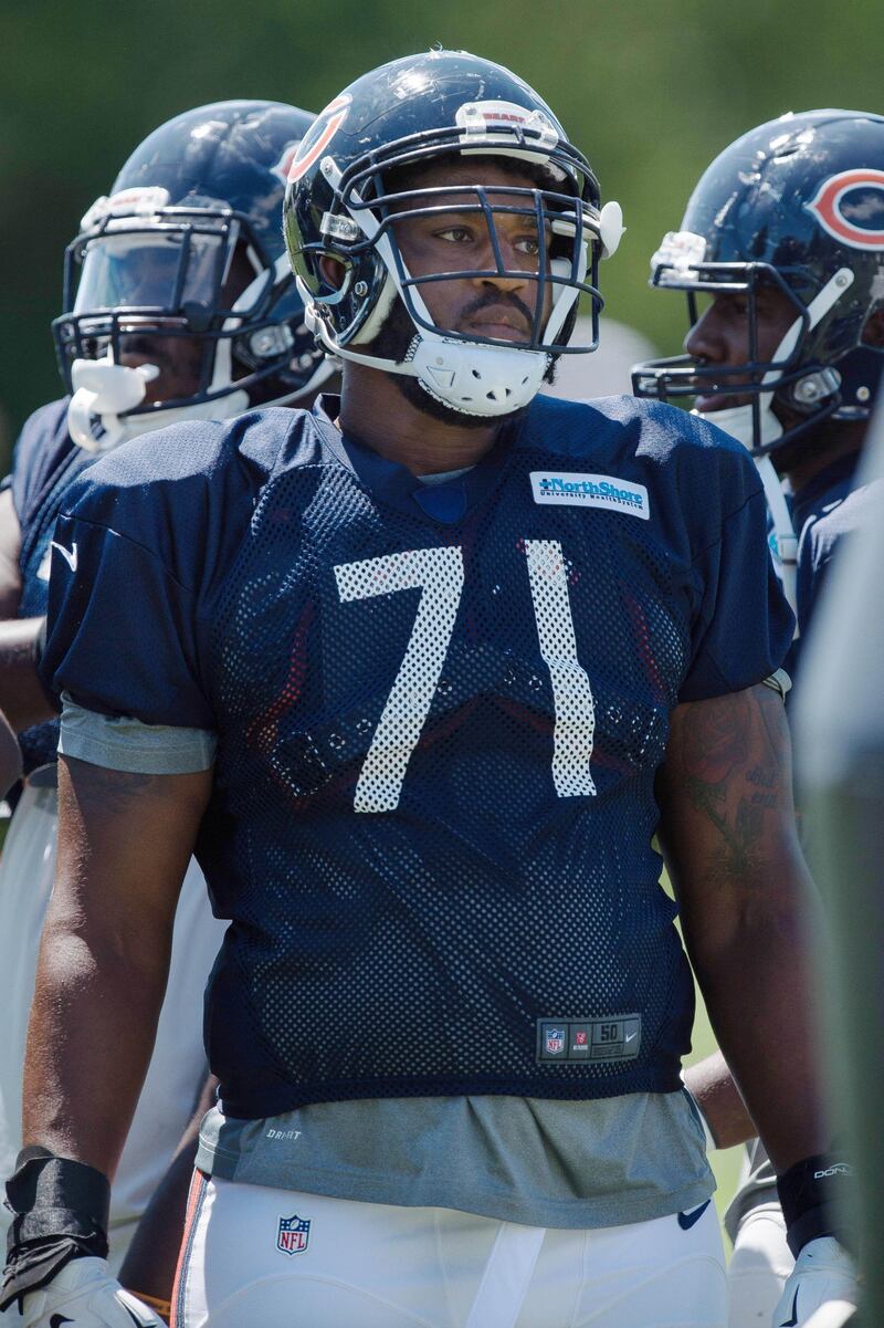 August 20, 2015: Chicago Bears defensive lineman David Carter (71) during the Indianapolis Colts and Chicago Bears joint training camp practice at Indiana Farm Bureau Football Center in Indianapolis, IN. (Photo by Zach Bolinger/Icon Sportswire/Corbis/Icon Sportswire via Getty Images)