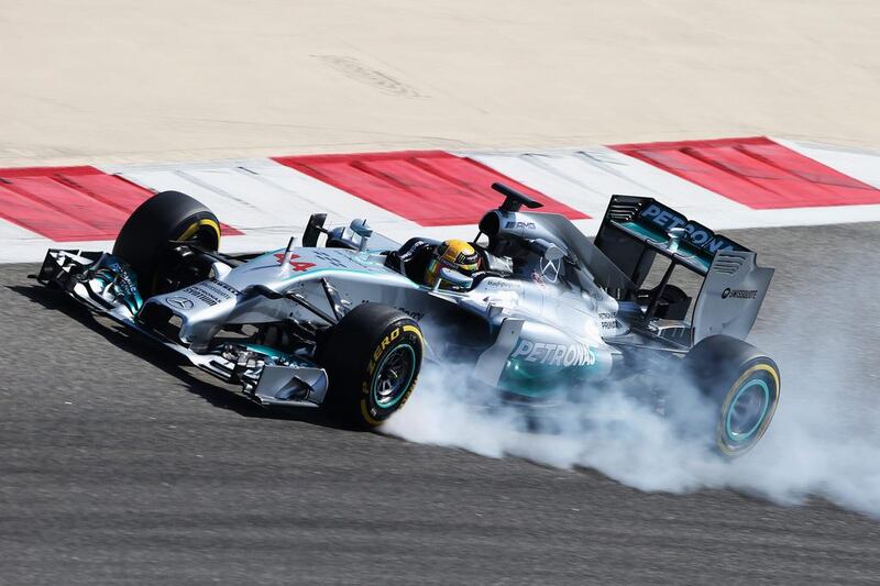 It was not all smooth sailing for Lewis Hamilton and Mercedes on their way to the top of the speed charts during Day 3 of Formula One's winter testing at Bahrain. He managed to lock up the brakes once going around the GBahrain International Circuit on February 21, 2014.  Mark Thompson / Getty Images