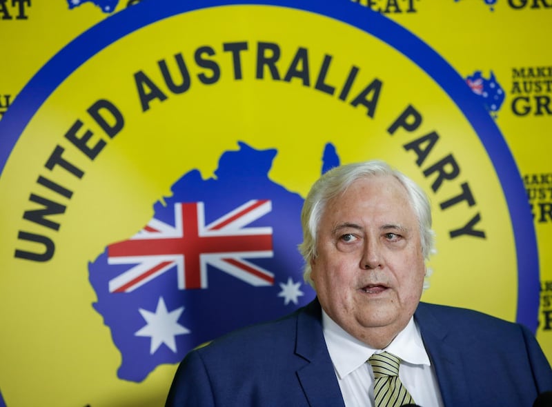 epa07513076 Federal Leader of the United Australia Party Clive Palmer addresses the media during a press conference in Townsville, Australia, 18 April 2019. Former rugby league player Greg Dowling has been named as the candidate for Clive Palmer's political party in the Townsville seat of Herbert.  EPA/MICHAEL CHAMBERS  AUSTRALIA AND NEW ZEALAND OUT