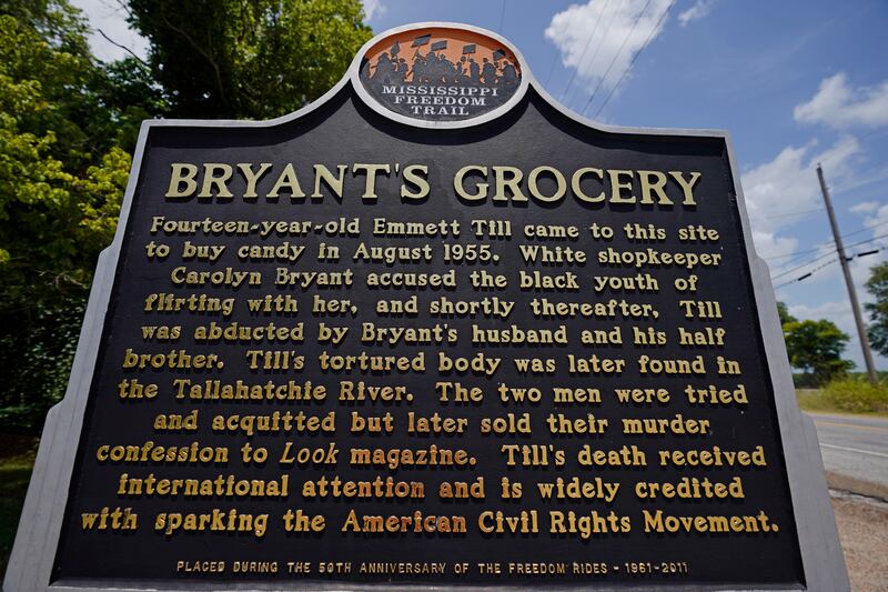 A Mississippi Freedom Trail marker sits before the remains of Bryant's Grocery and Meat Market in Money, Mississippi, where Emmett Till was accused of whistling at a white woman. AP