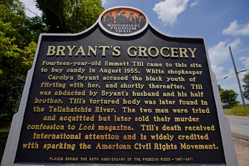 A Mississippi Freedom Trail marker sits before the remains of Bryant's Grocery and Meat Market in Money, Mississippi, where Emmett Till was accused of whistling at a white woman. AP