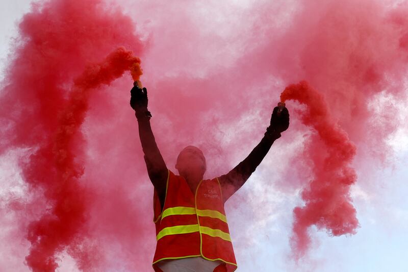 A protester, wearing a CGT labour union vest, during a demonstration in Nice. Reuters