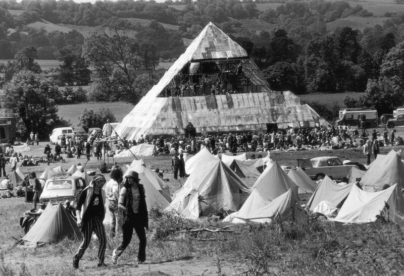 June 1971:  Hippies at the second Glastonbury Festival, which saw the first use of a pyramid stage.  (Photo by Ian Tyas/Keystone Features/Getty Images)