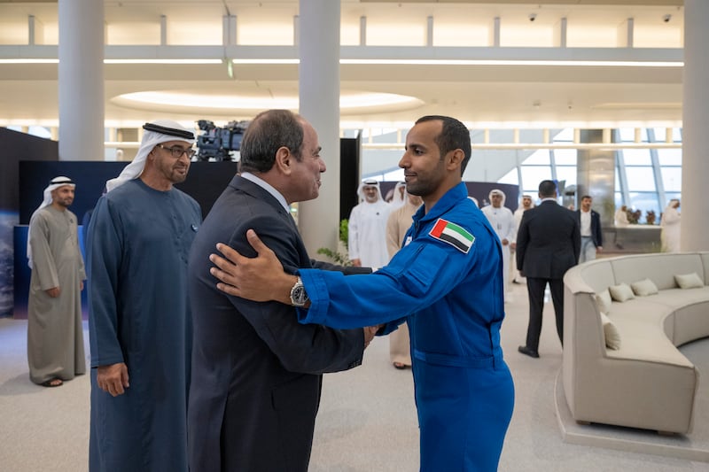 President Sheikh Mohamed and Mr El Sisi greet Hazza Al Mansoori, UAE astronaut