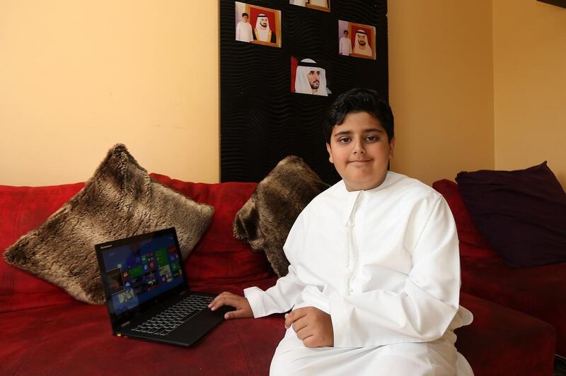 Ten-year-old Adeeb Al Balooshi at home in Dubai. The schoolboy is thought to be one of the youngest inventors in the world.   Pawan Singh / The National
