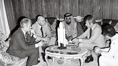 Dr El-Baz (left) and Sheikh Zayed (middle), with three astronauts. Courtesy: Dubai Media Office 