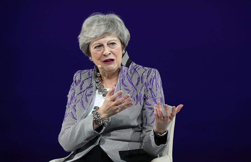 DUBAI, UNITED ARAB EMIRATES , Feb 17  – 2020 :- THERESA MAY , Member of Parliament of Maidenhead, Former Prime Minister of the United Kingdom speaking at the Global Women’s Forum Dubai held at Madinat Jumeirah in Dubai. (Pawan  Singh / The National) For News. Story by Kelly