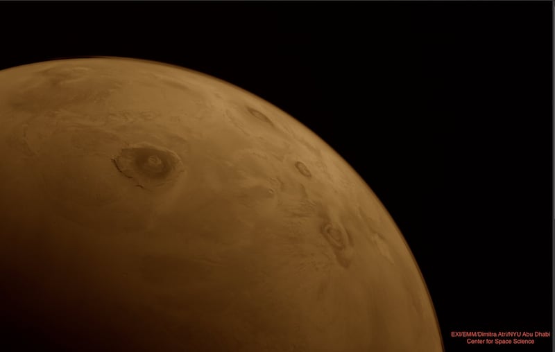 A close-up view of Olympus Mons, the largest and tallest mountain in the solar system, and the Tharsis Montes region. This image was processed by Dr Dimitra Atri of NYUAD using Hope probe's raw data. Photo: Dr Dimitra Atri / Hope Mars Mission