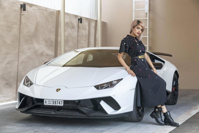 DUBAI, UNITED ARAB EMIRATES. 22 JULY 2018. UAE car enthusiast Maha Mubarak Al Shamsi and her Lamborghini. (Photo: Antonie Robertson/The National) Journalist: Adam Workman. Section: Motoring.