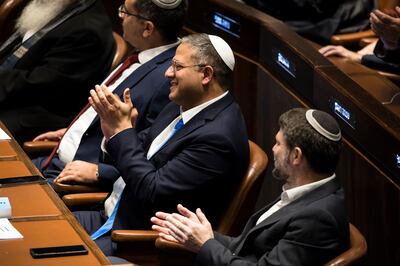 Minister of National Security Itamar Ben Gvir, left, and Minister of Finance Bezalel Smotrich, right,  at the Israeli parliament in December. Getty Images