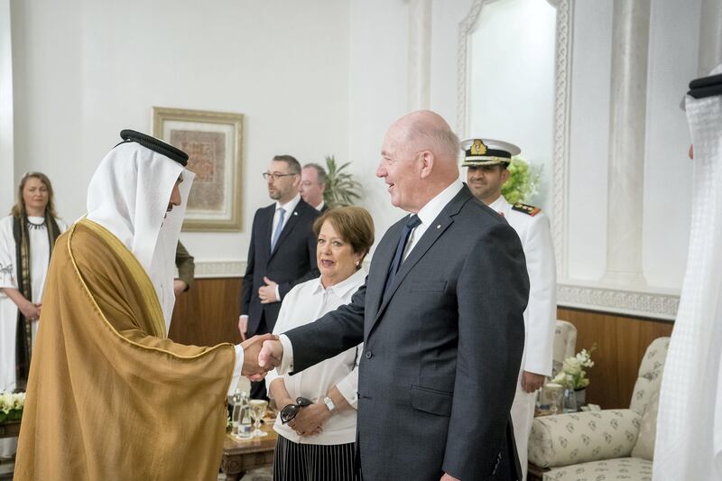 ABU DHABI, UNITED ARAB EMIRATES - October 01, 2017: HE Ahmed Juma Al Zaabi, UAE Deputy Minister of Presidential Affairs (L), greets His Excellency General the Honourable Sir Peter Cosgrove, Governor-General of Australia (R), during a reception at Mushrif Palace. 

( Rashed Al Mansoori / Crown Prince Court - Abu Dhabi )
---