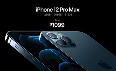 This image provided by Apple shows the new iPhone 12 Pro Max and its price, which Apple unveiled Tuesday, Oct. 13, 2020. The iPhone 12 and 12 Pro will be available starting Oct. 23; the Mini and the Pro Max will follow on Nov. 13. (Apple via AP)