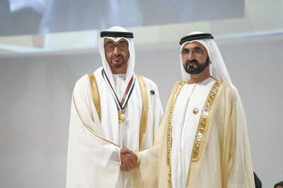 SAADIYAT ISLAND, ABU DHABI, UNITED ARAB EMIRATES - November 28, 2017: HH Sheikh Mohamed bin Zayed Al Nahyan Crown Prince of Abu Dhabi Deputy Supreme Commander of the UAE Armed Forces (L), stands for a photograph with HH Sheikh Mohamed bin Rashid Al Maktoum, Vice-President, Prime Minister of the UAE, Ruler of Dubai and Minister of Defence (R), during the UAE Pioneers award ceremony at the St Regis Saadiyad Island.


( Rashed Al Mansoori / Crown Prince Court - Abu Dhabi )
---