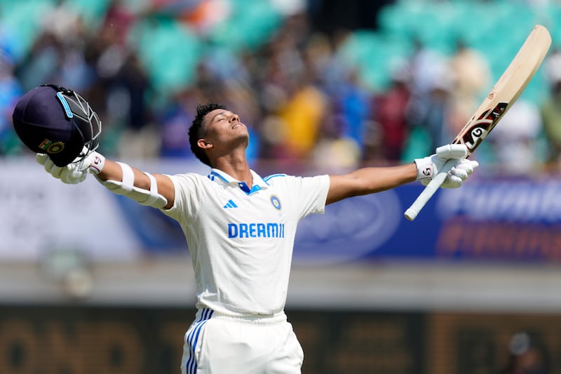 India's Yashasvi Jaiswal celebrates after reaching his double century on Sunday. AP