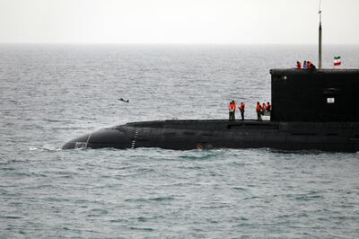 A drone is launched from an Iranian submarine during a drill in the Indian Ocean. AP
