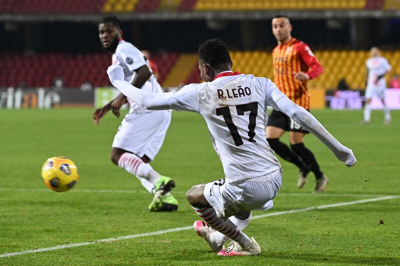 AC Milan forward Rafael Leao scores his team's second goal in their Serie win at Benevento. AFP