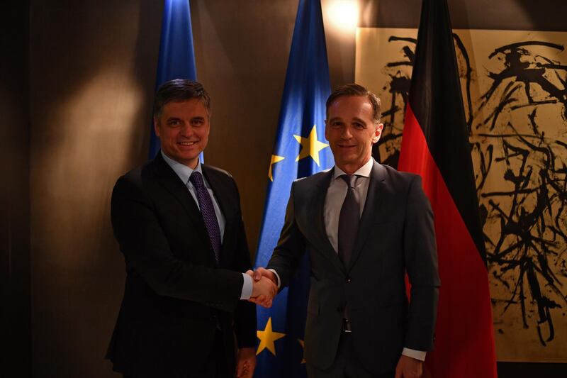 Ukrainian Foreign Minister Vadym Prystaiko (left) and German Foreign Minister Heiko Maas (right) meet for a bilateral at the 56th Munich Security Conference (MSC) in Munich, Germany.  EPA