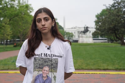 Ariana Shargi, whose father Emad Shargi has been wrongfully detained in Iran since April 2018, stands in front of the White House. Willy Lowry / The National